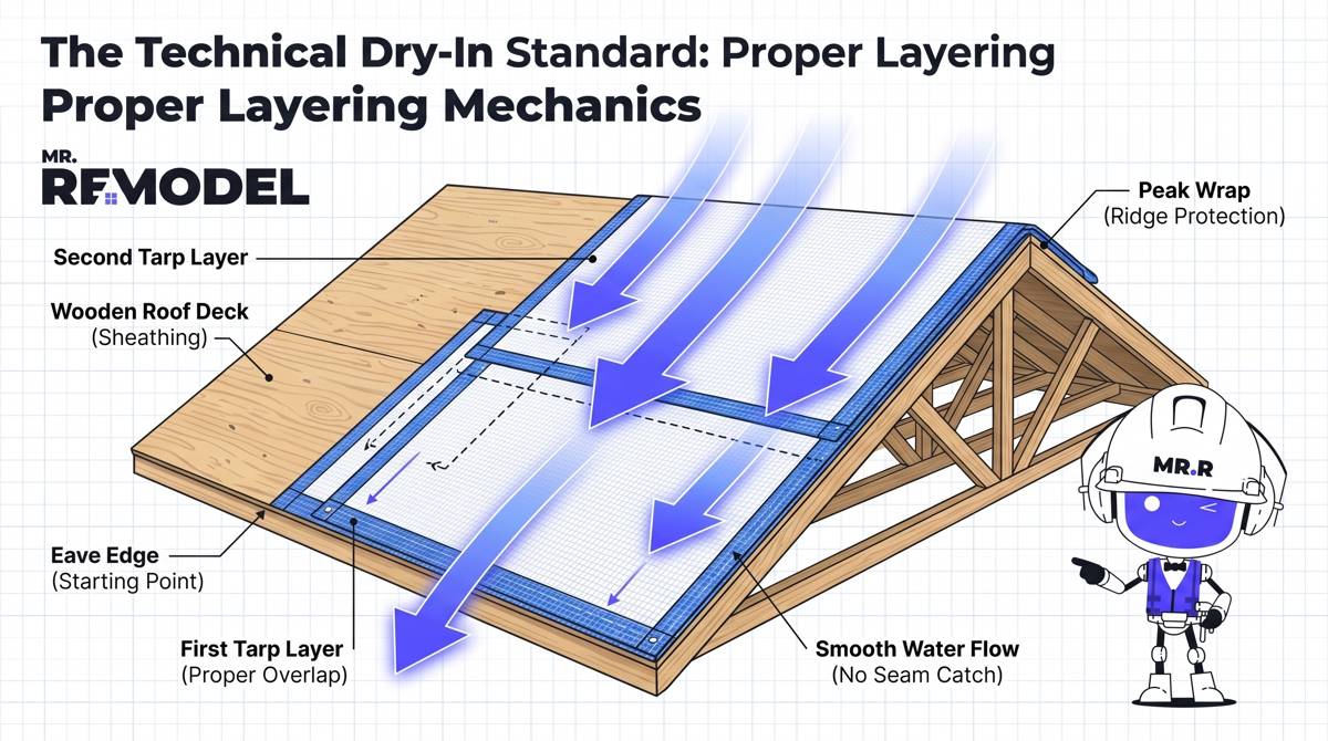 A technical roofing infographic demonstrating the layered upward installation method required for a watertight emergency roof dry-in.